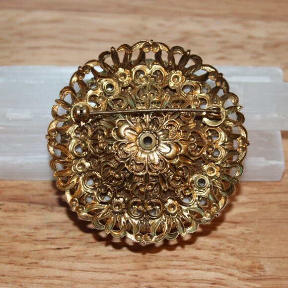 Vintage West Germany Sugar Glass Floral Flowers Gold Tone Brooch Pin - Picture 4 of 5